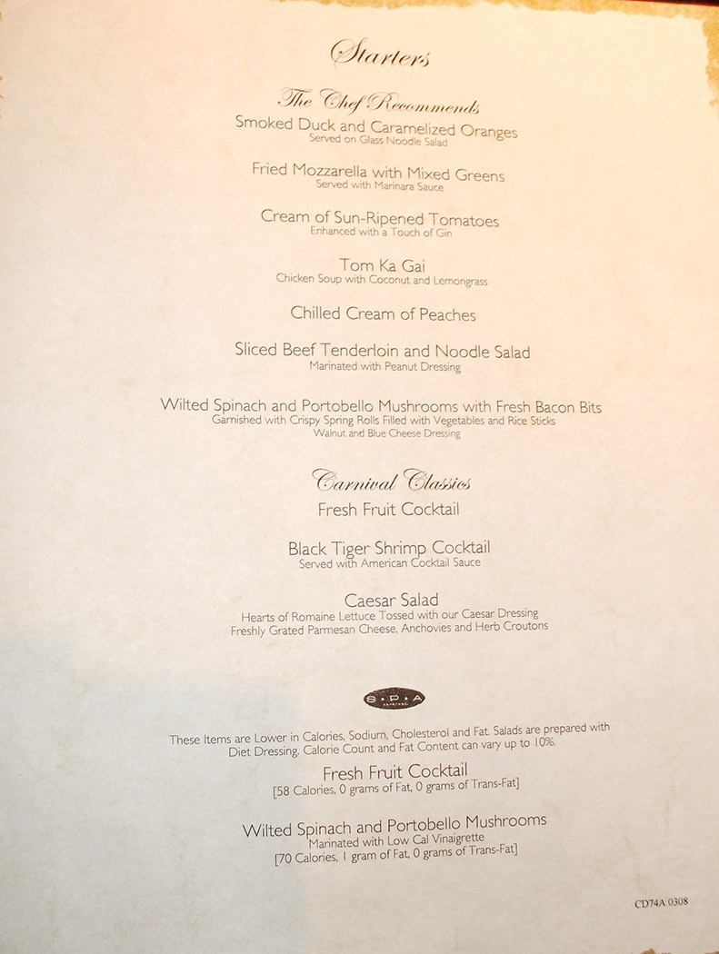 Tommy and DeeDee's Travel Log Carnival Valor Menu
