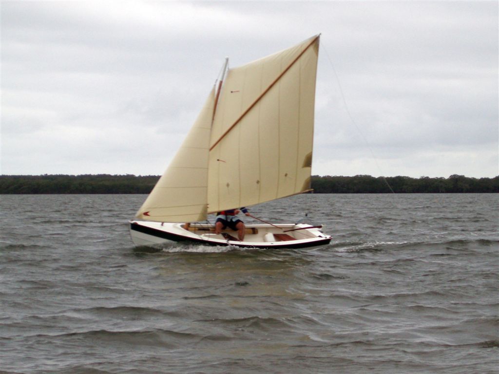 Ross Lillistone Wooden Boats Spritsail with Jib Set Flying