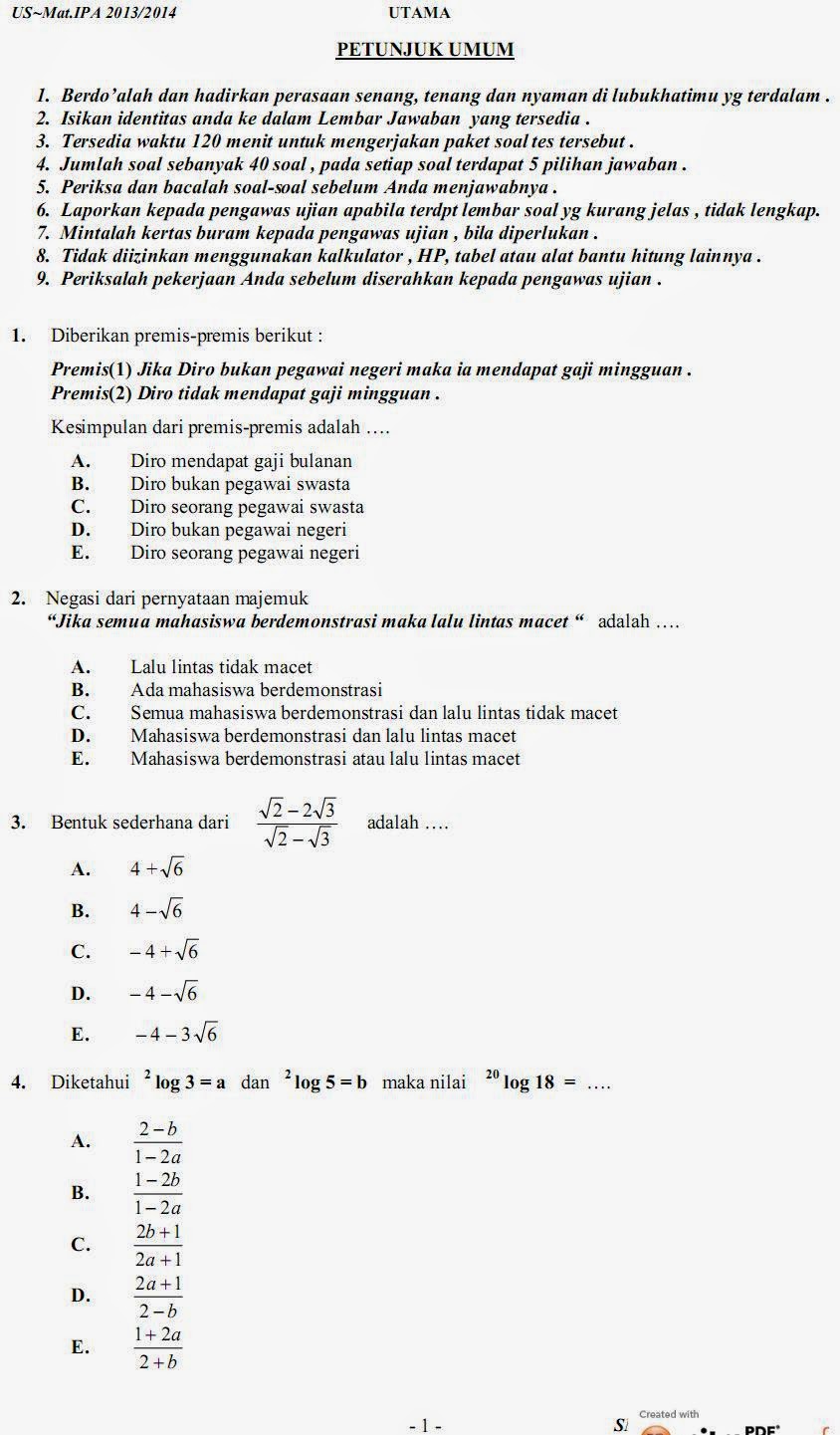 Soal Usbn Matematika Sma 2019 Dan Kunci Jawaban