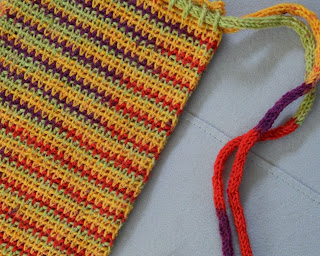 Close-up of WIP Project Bag made in variegated sock yarn. The i-cord drawstrings can be seen on the right hand side.