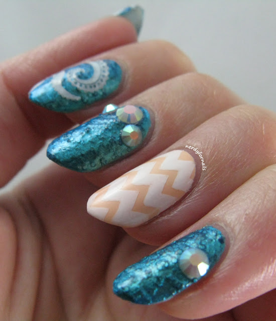 30 Days of Colour Challenge Favorite Brand and Technique Textured Polish Finger Paints Franken Stamping Bundle Monster Iridescent Rhinestones Chevron Peach and Teal Octopus