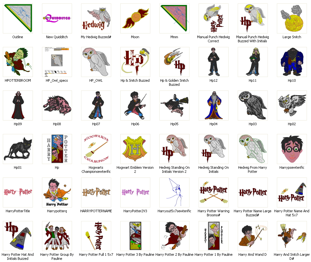 Harry potter  113 embroidery designs pack  mmfcl machine embroidery Harry potter  113 embroidery designs pack  mmfcl machine embroidery