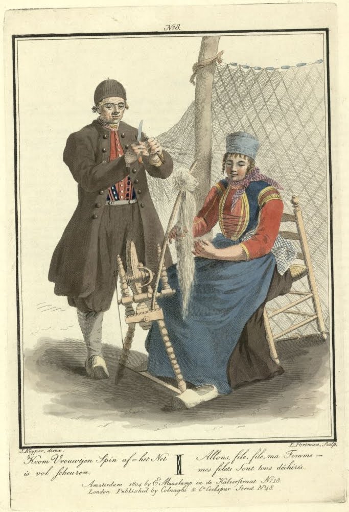 Allons, file, file, ma Femme - mes filetes sont tous déchirés man stands mending net; seated woman spins yarn (coloured engravings of Dutch customs 1803)