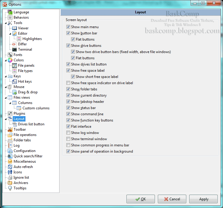 Jendela "Layout" pada "Options" pada software Portable Double Commander 0.5.5