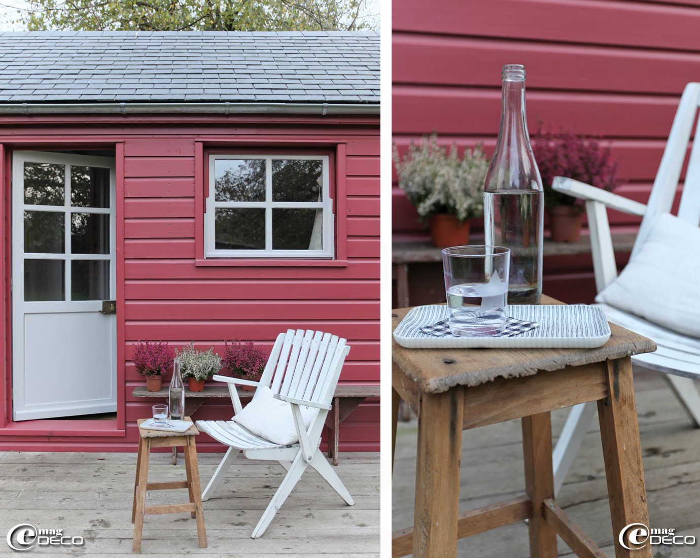 Dans le jardin de la maison d'hôtes L’Épicerie du Pape, une petite cabane rouge d’esprit scandinave. Sur un ancien tabouret en bois, un petit plateau Fog Linen