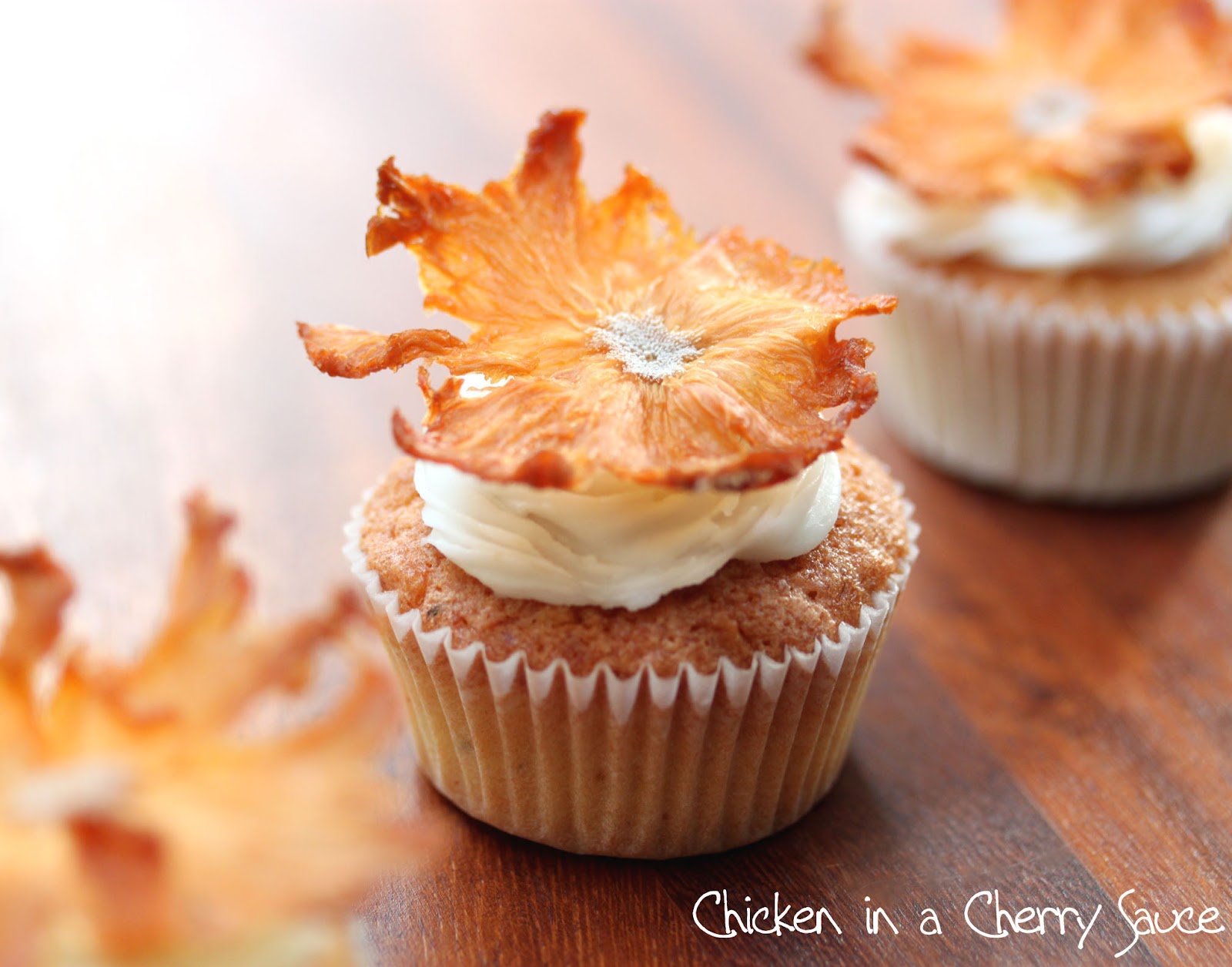 Chicken in a Cherry Sauce Painkiller Cocktail Cupcakes with Pineapple Flowers