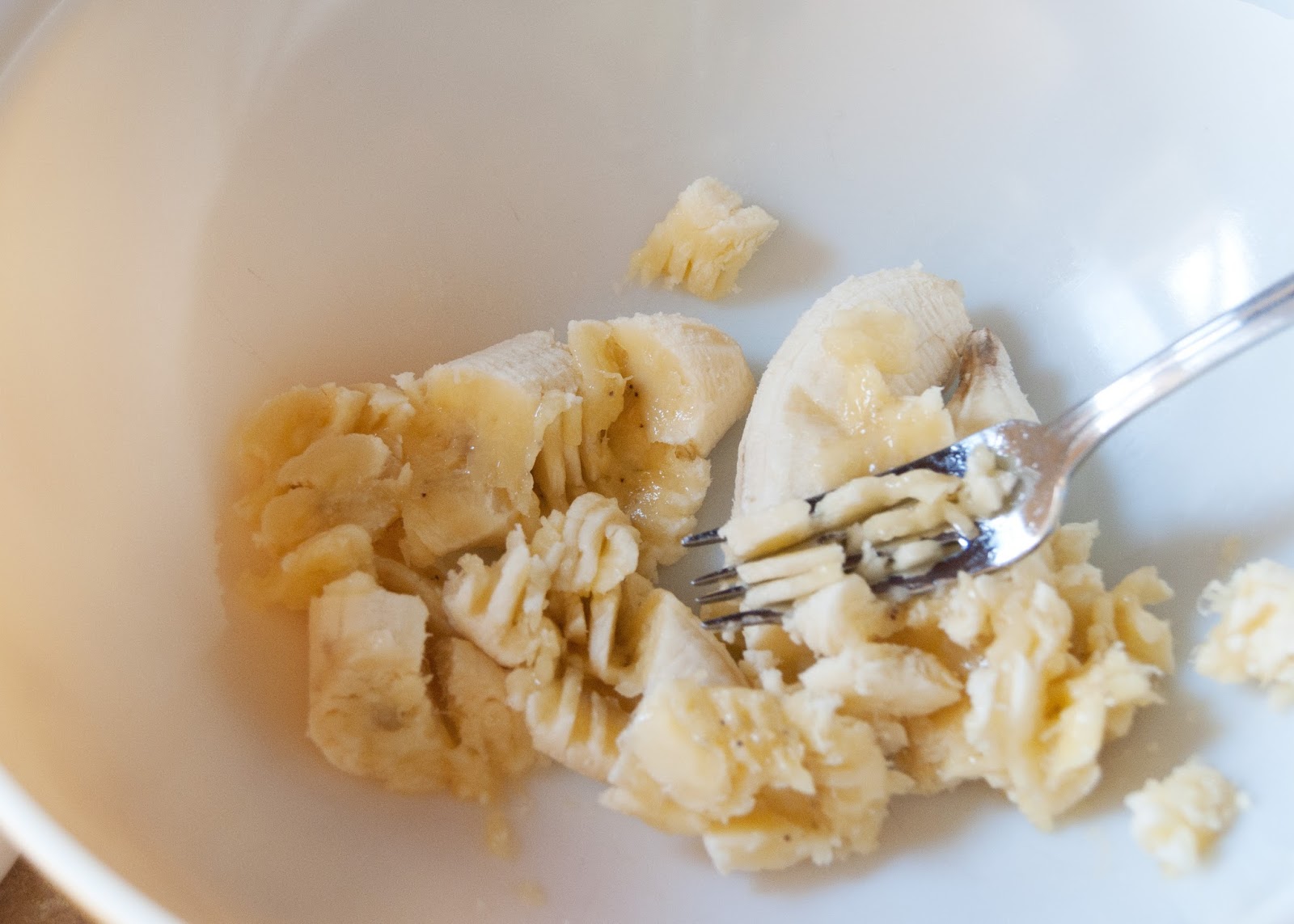 Step 1: Smash your 2 bananas with a fork in a large mixing bowl.