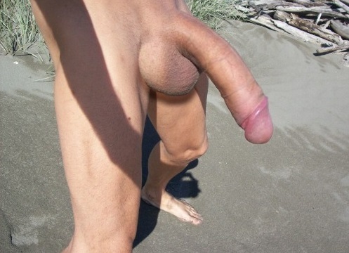 Ebony shaved handjob cock on beach