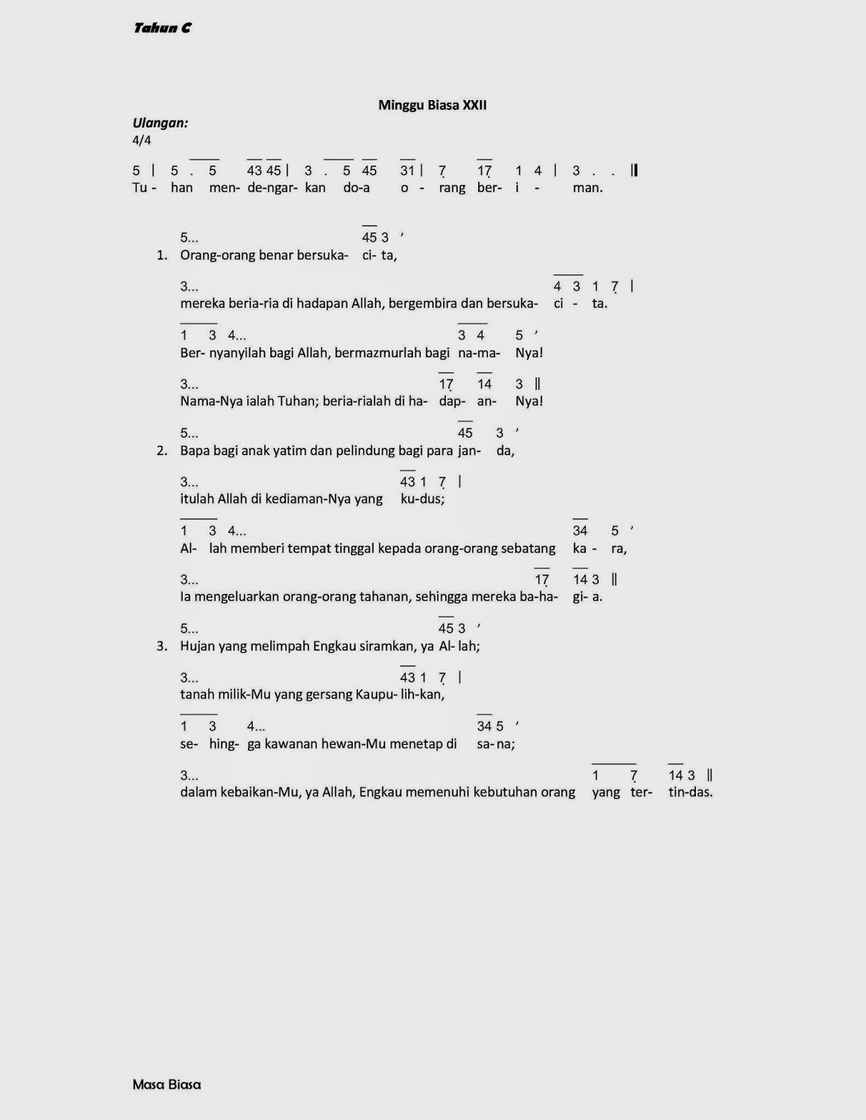 Mazmur Tanggapan Dan Lagu Lagu Misa Minggu Biasa Xxii