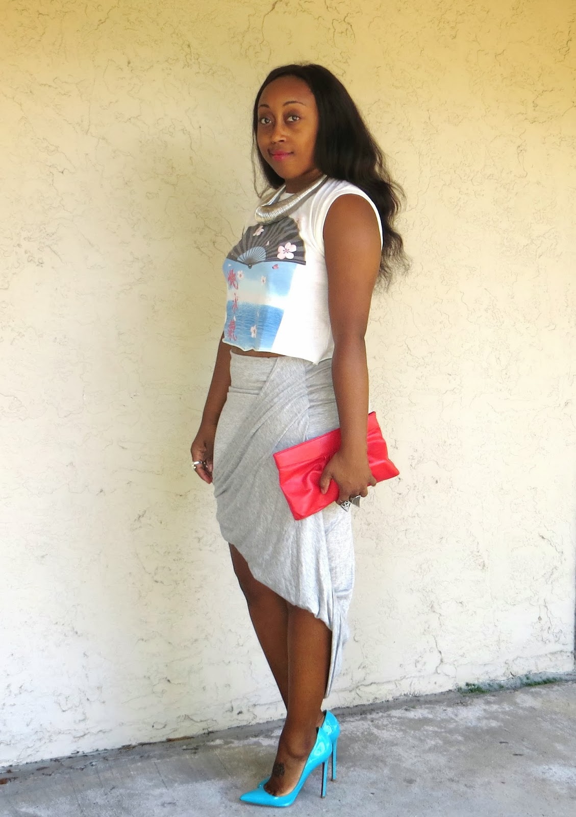 Outfit Draped Skirt and Red Bottoms