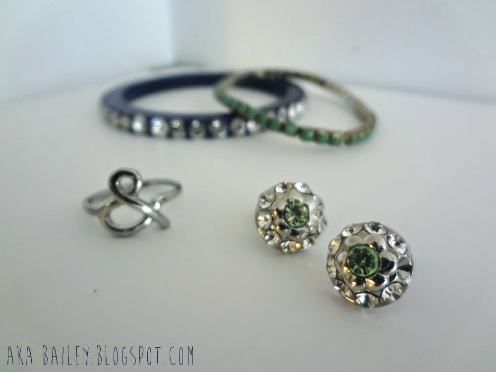 Bracelets, ampersand ring, rhinestone earrings