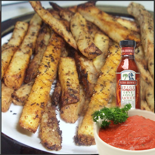BUSHABROWNE RECIPES JERK FRIES with SPICY TOMATO SAUCE