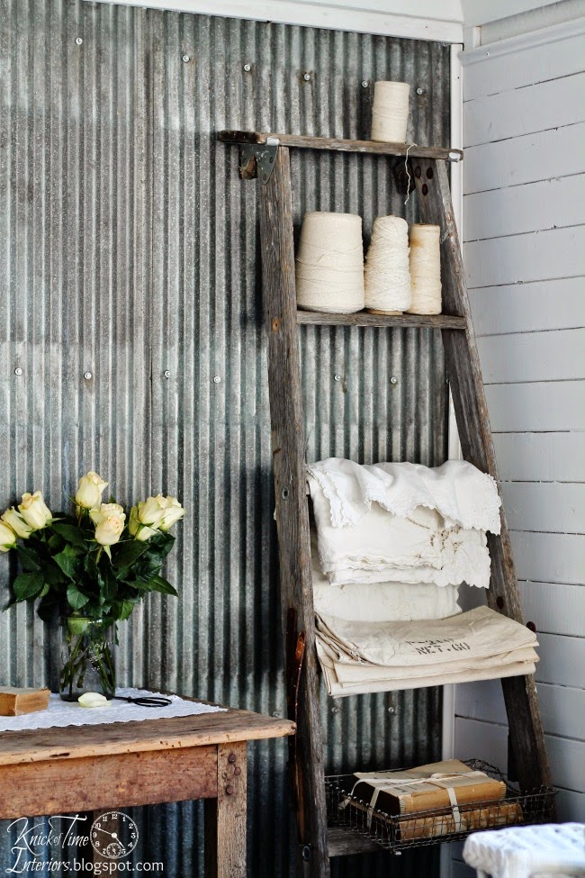 Guest House in an old farmhouse shed via Knick of Time @ knickoftimeinteriors.blogspot.com Repurposed Ladder Shelf via Knick of Time