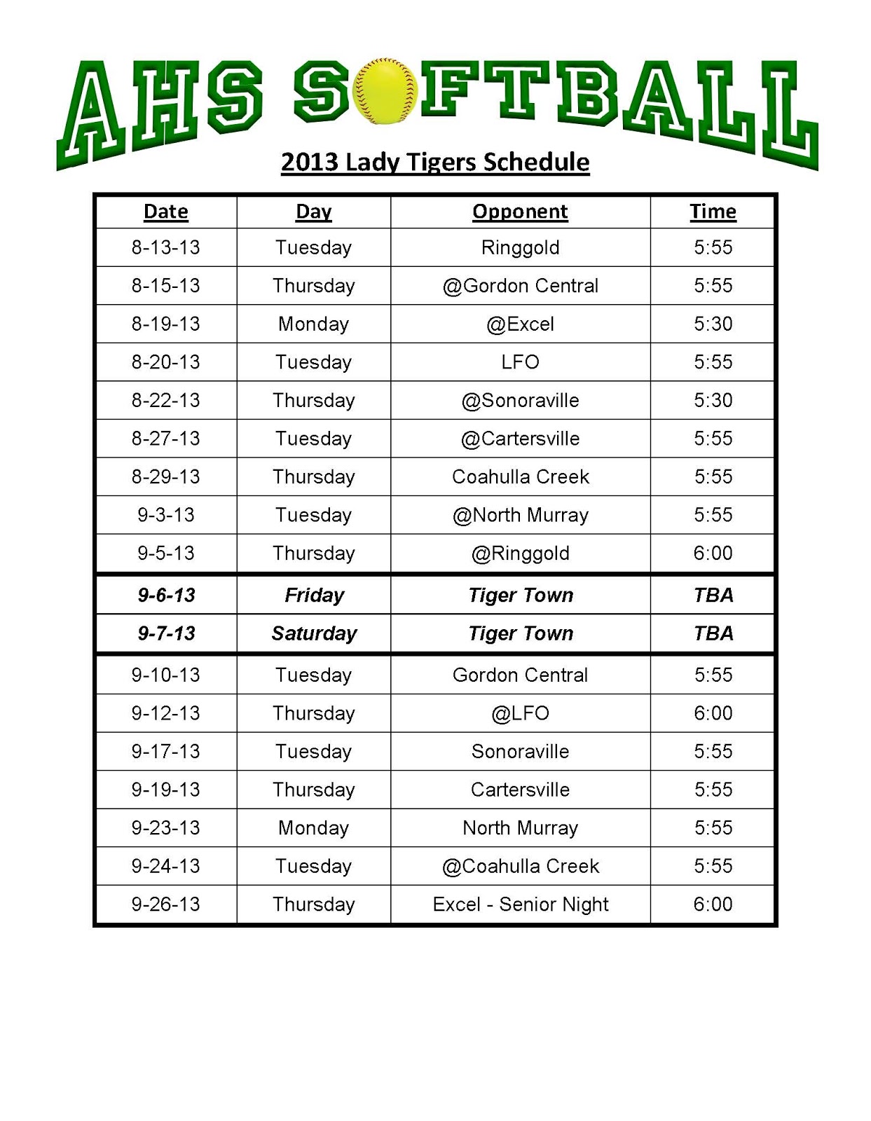AHS Softball Lady Tigers Game Schedule for 2013