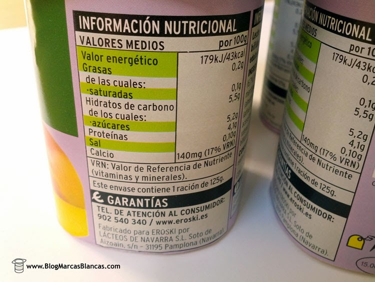 Información nutricional del yogur con bífidus con frutos rojos o mango "Biactive" EROSKI fabricado por Lácteos de Navarra SL.