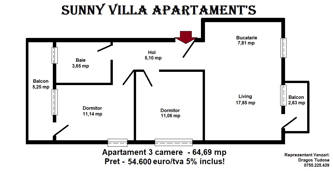 Apartament 3 camere - 65 mp