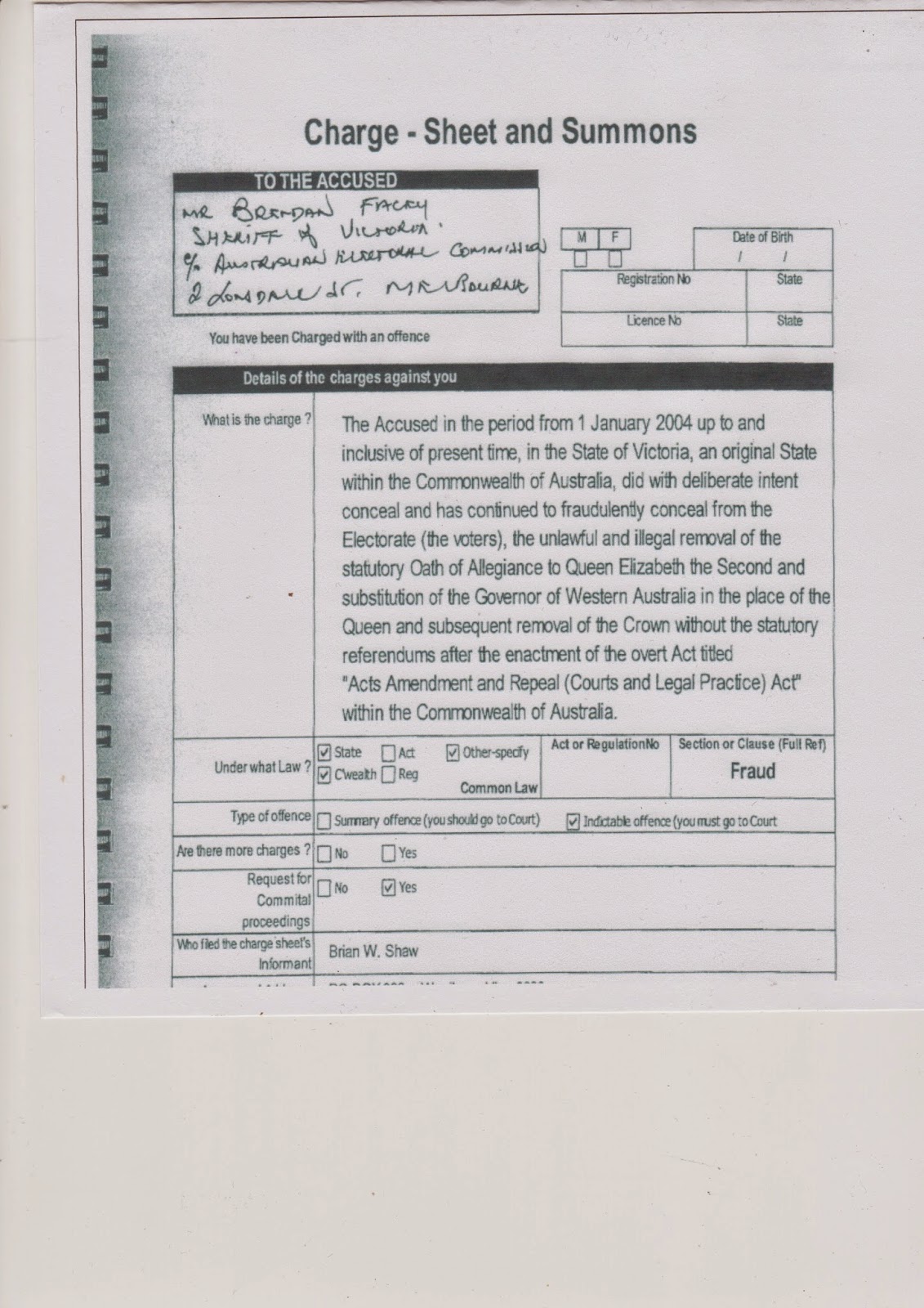 Corporate Australia Charge sheet and summons against Victoria's
