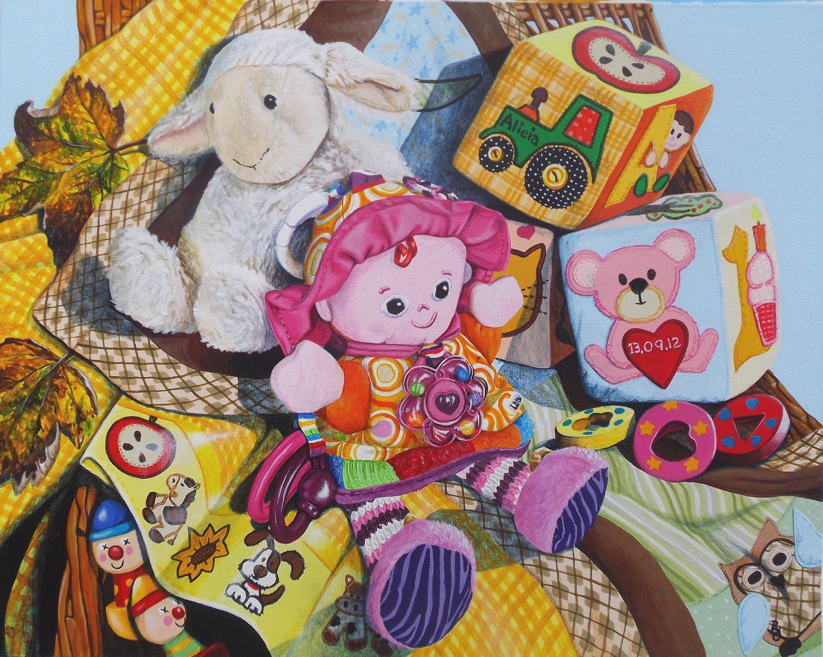 ORIGINAL ART by Paula Oakley "Alicia's Toy Box" Still life painting