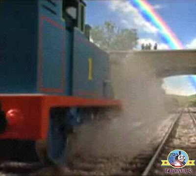 Thomas train Annie & Clarabel top of big express Gordon's hill the end of a rainbow in the sky