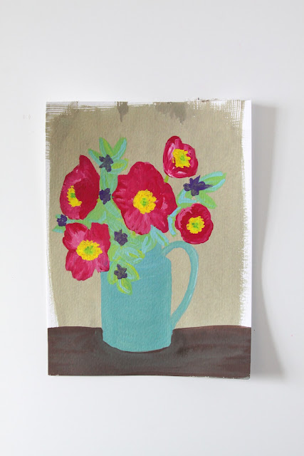 gouache painting, turquoise pitcher, red poppies, Anne Butera, My Giant Strawberry