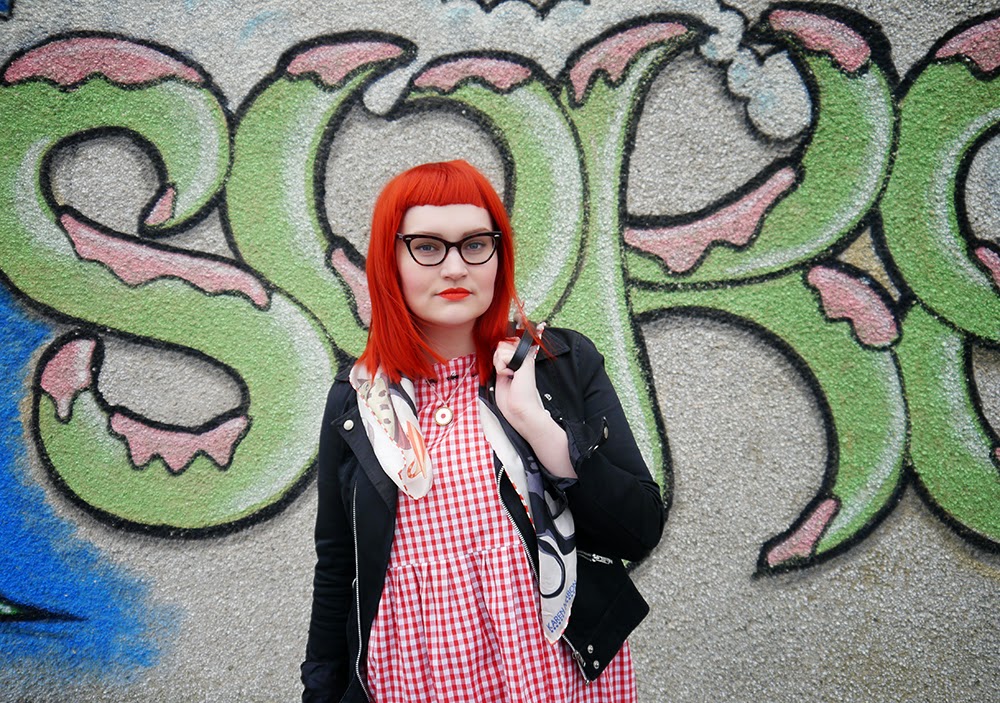 Syke Blogging duo, Scottish blogging duo, Scottish bloggers, twin styling, red wig, ginger wig, cat eye glasses, Vintage Style Me gingham dress, Karen Mabon bull in a china shop scarf, H&M biker style jacket, Bonnie Bling name ring, Helen's style, Blog birthday, style challenge, Sugar & Vice cherry bakewell necklace