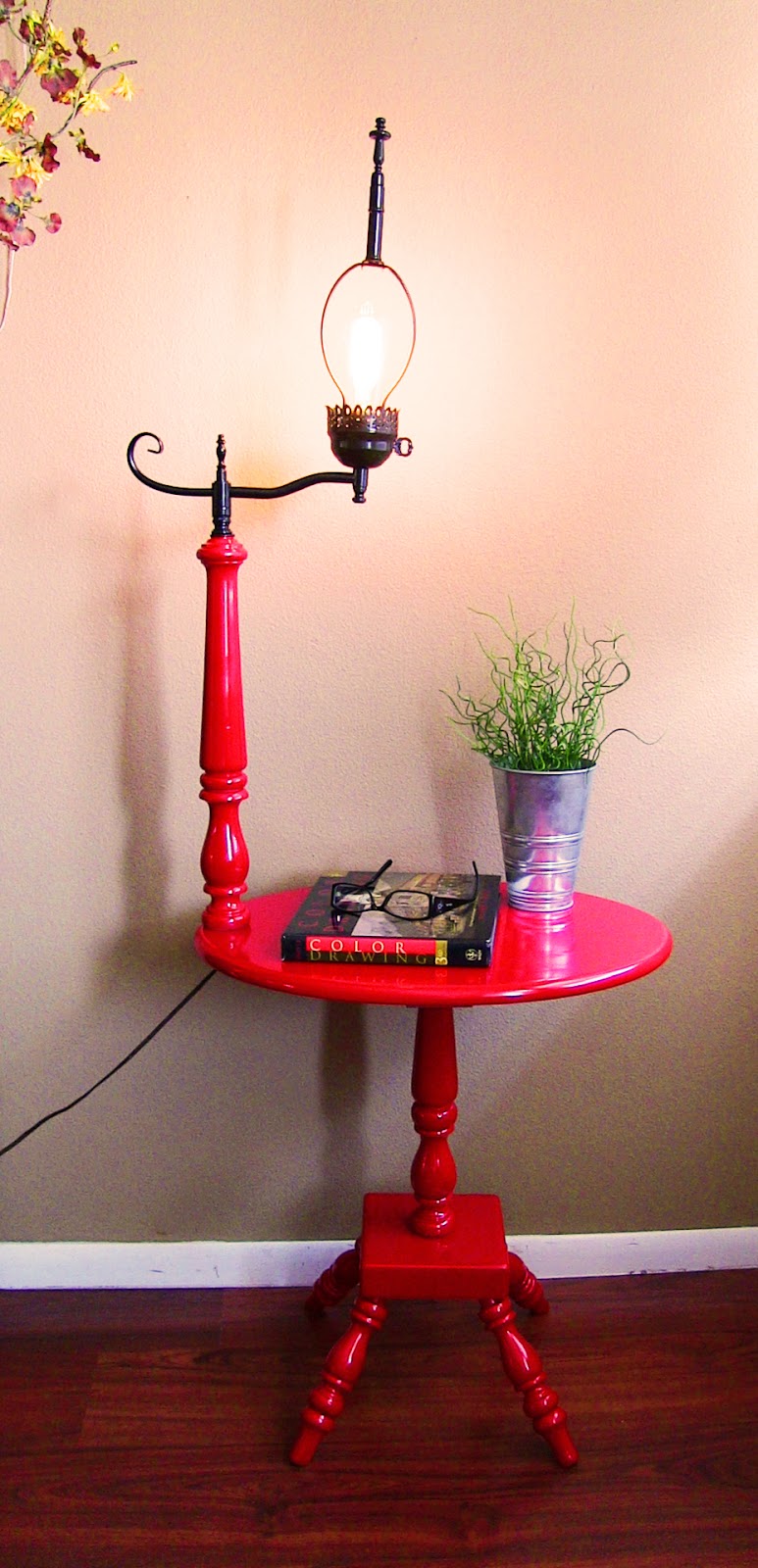 Apple Red and Black Vintage side table with Lamp attached | Tweaked Designs