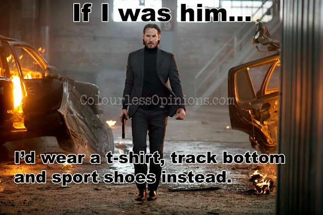 I don't still get why hitmen in movies like to suit up. Isn't it difficult and uncomfortable to fight in shirt, blazer, pair of slacks and leather shoes? John Wick suit Keanu Reeves movie still meme