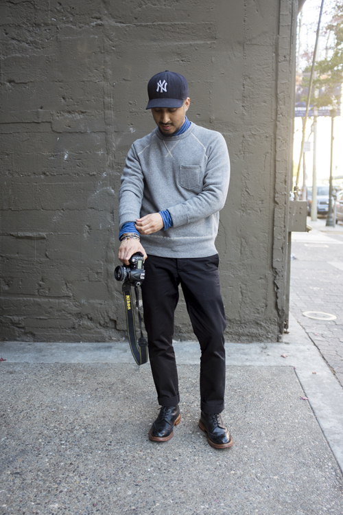 sweatshirt over collared shirt