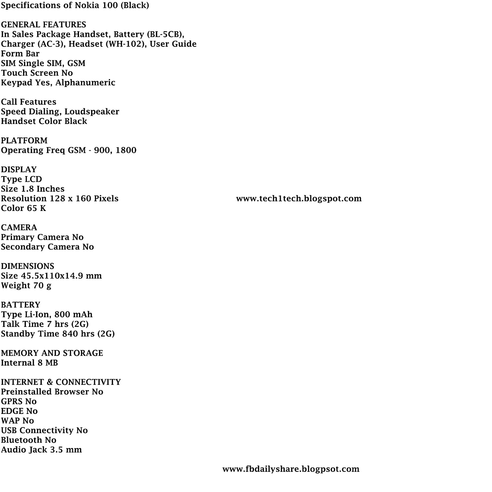 tech genius nokia 100 full phone specifications