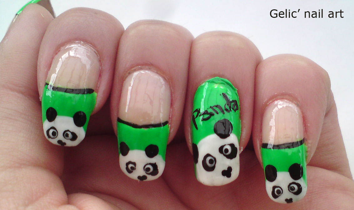 Panda Nail Design Easy : Gelic nail art cute panda on green funky french
