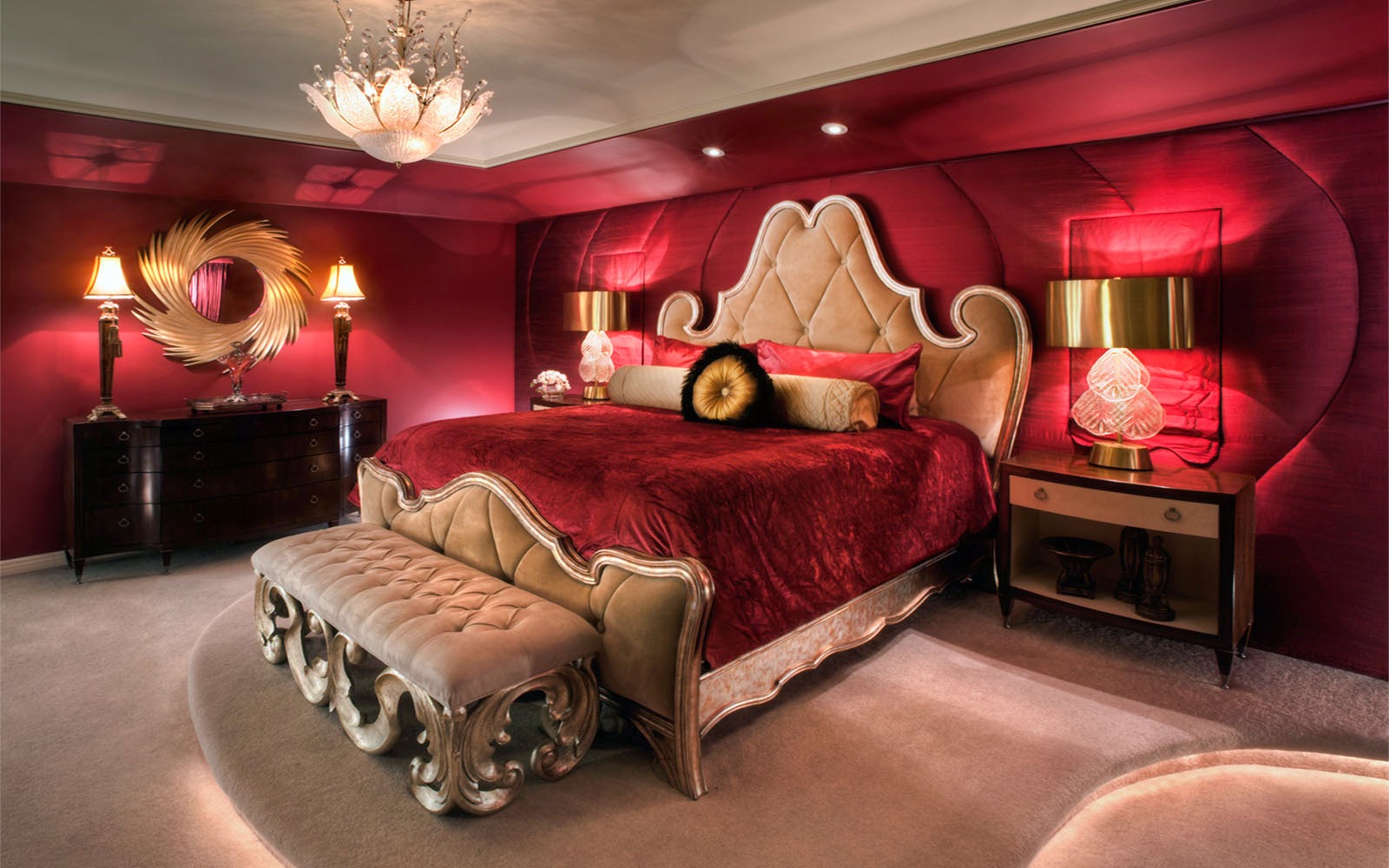 regal indoor furniture set design feat romantic bedroom decorating with red wall idea and floral chandelier