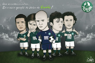 caricatura dos jogadors kleber, valdivia, marcos, lincoln e pierre do palmeiras