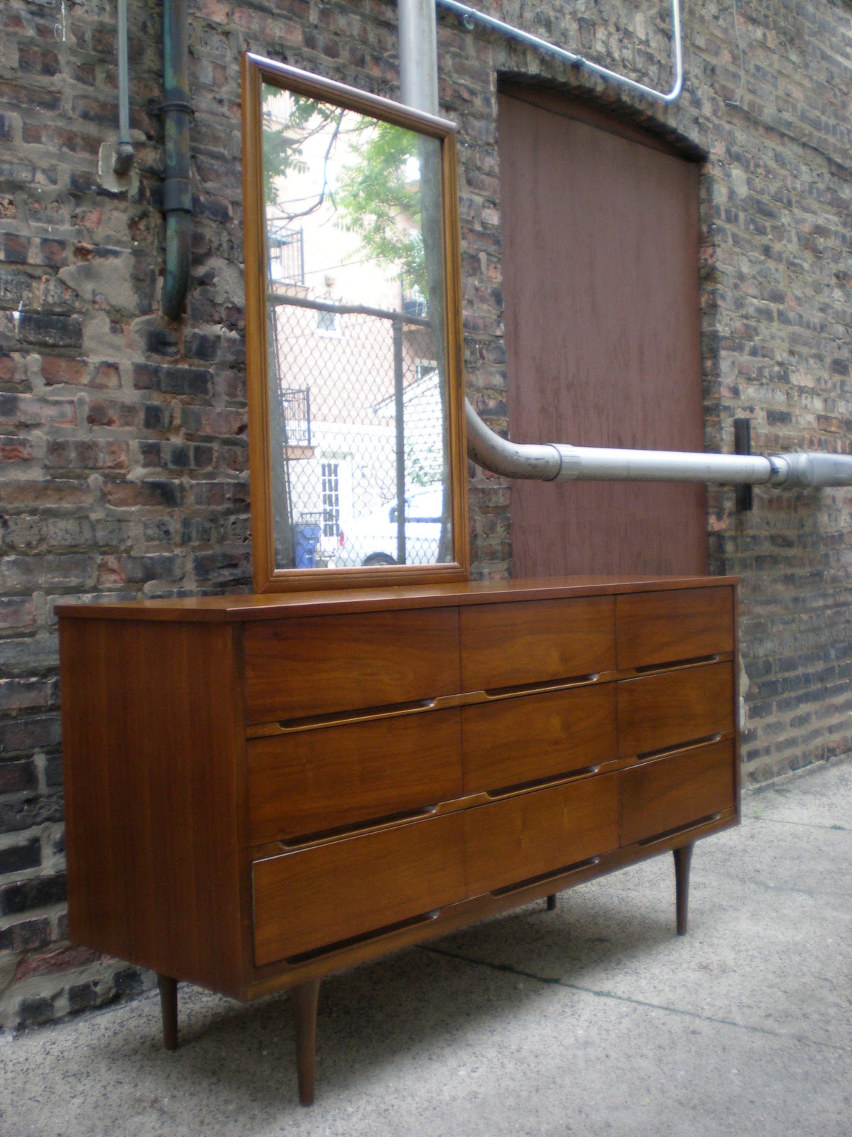 Mid Century Chicago 4 Piece Walnut Bedroom Set Highboy, Lowboy