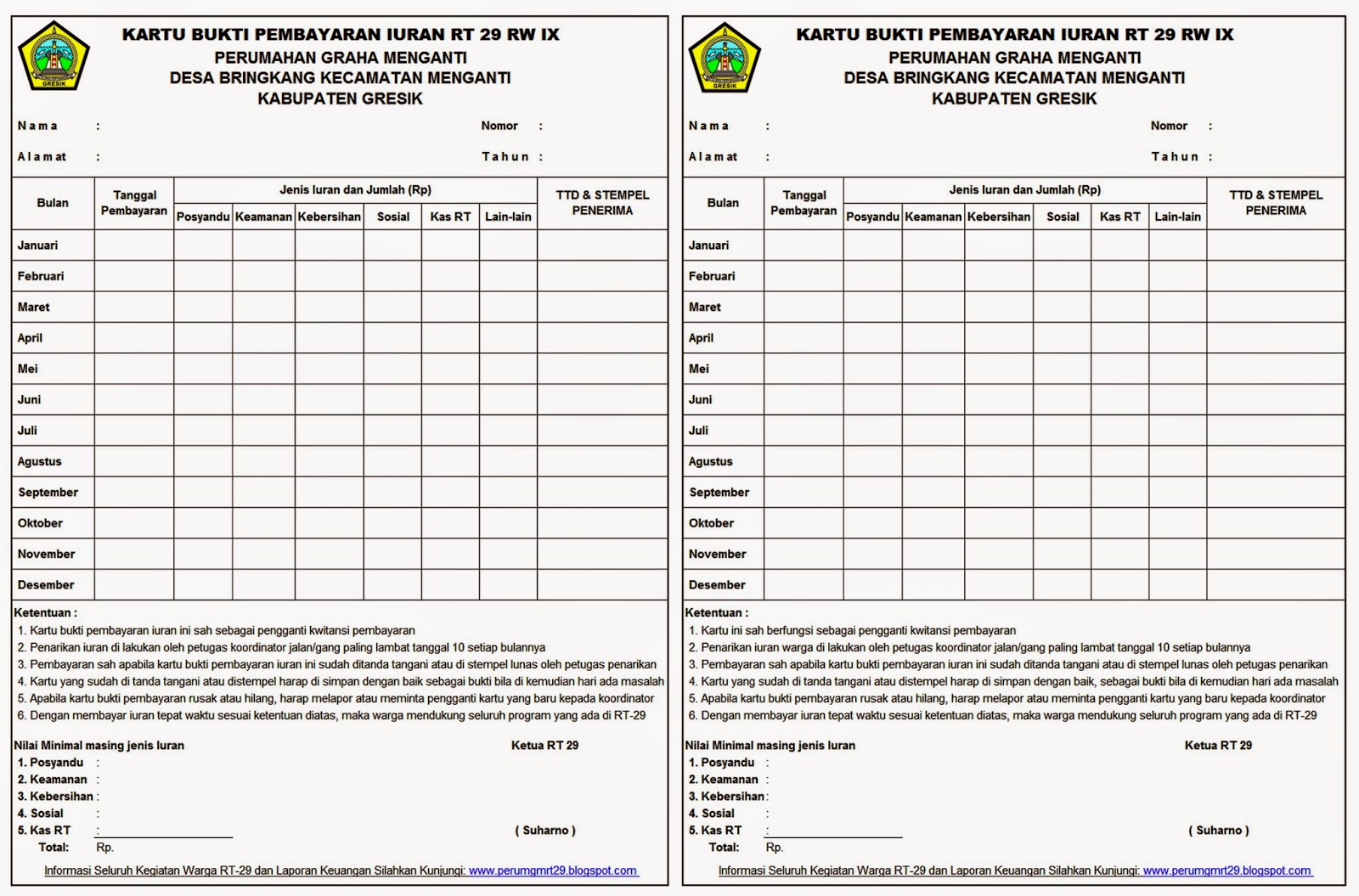 Contoh Kartu Iuran Bulanan Warga My Blog Perumahan Graha Menganti Rt29