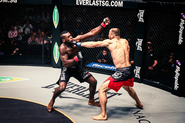 Igor Svirid's jab that led to a quick TKO against Leandro Ataides. Photo source: FB.com/ONEFC ONE FC 22 IGOR SVIRID KO jab LEANDRO ATAIDES