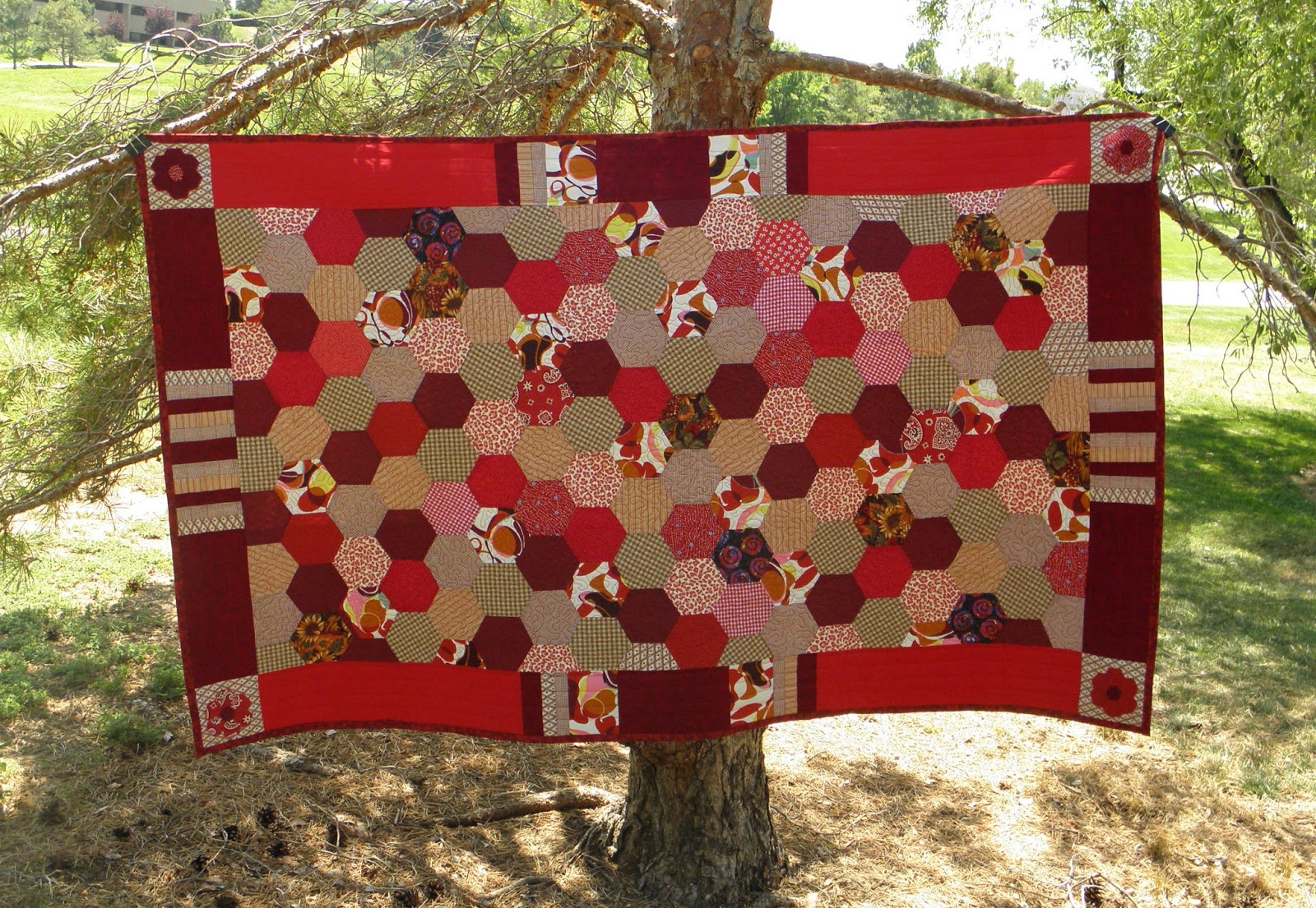 Adventurous Quilter Red Hexie Scrappy Quilt for the Hexie Queen blog