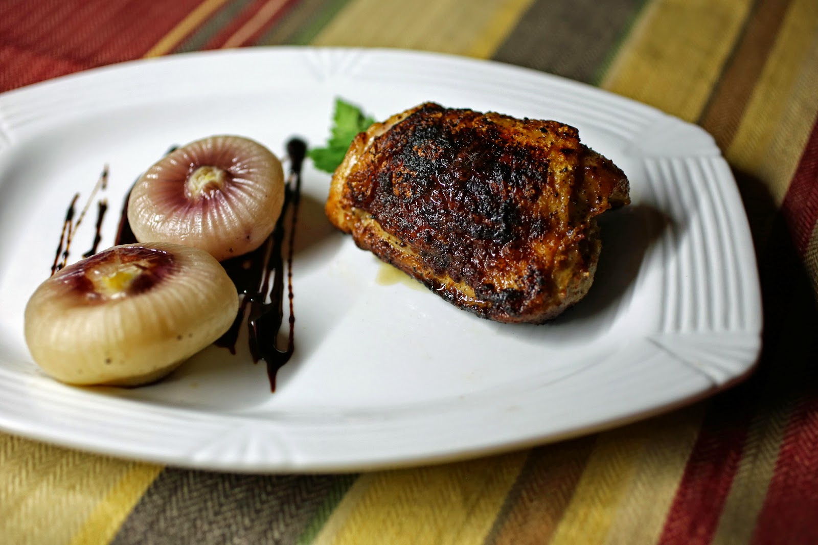 Roast Cipollini Onions On A Balsamic Reduction With Sauteed Chicken