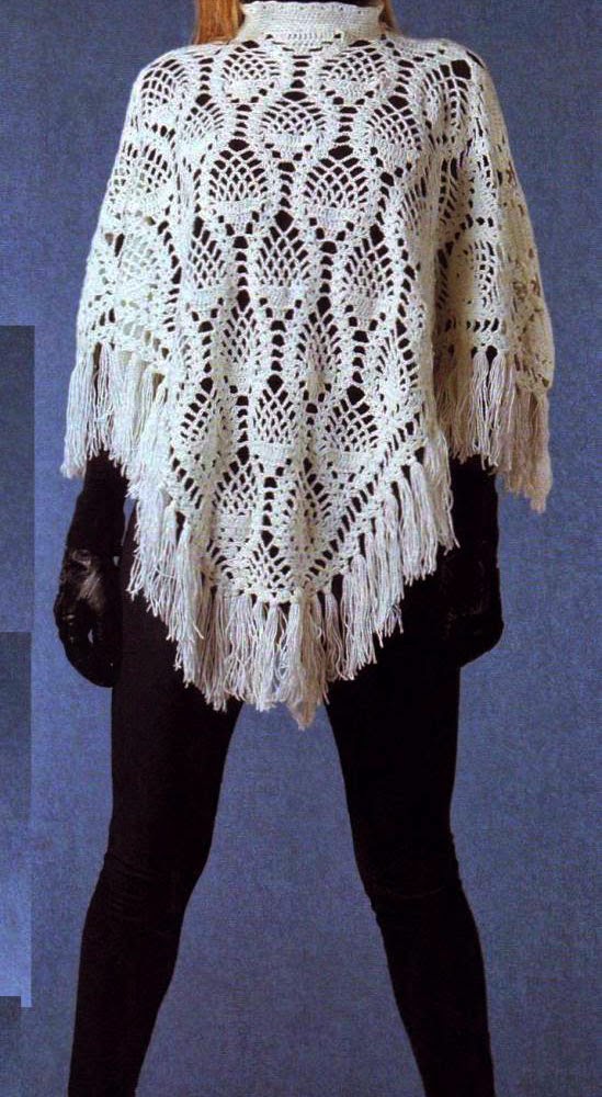 croche White poncho with pattern "pineapple