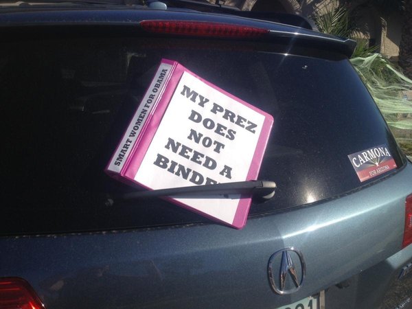 Woman uses binder as pro-Obama bumpersticker