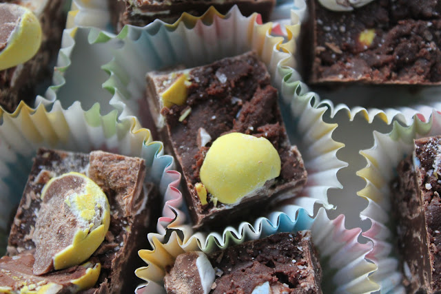 Dark chocolate fudge with Cadbury Mini Eggs and sea salt