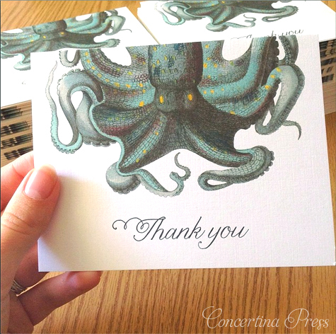 Cape Cod wedding blog photo from Concertina Press - Stationery and Invitations about Octopus Wedding Invitations – unique beach wedding invitations with aqua envelopes and matching thank you notes