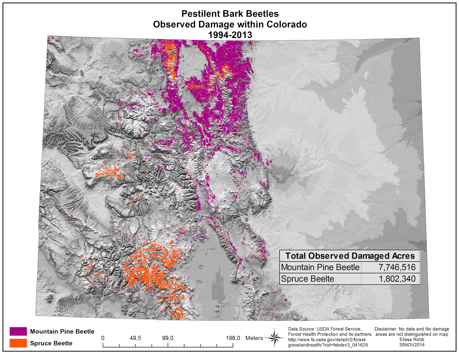 this map shows the destruction from mountain pine beetles in purple and spruce beetles in orange within the state of colorado from 1994 2013 this map shows the destruction from mountain pine beetles in purple and spruce beetles in orange within the state of colorado from 1994 2013