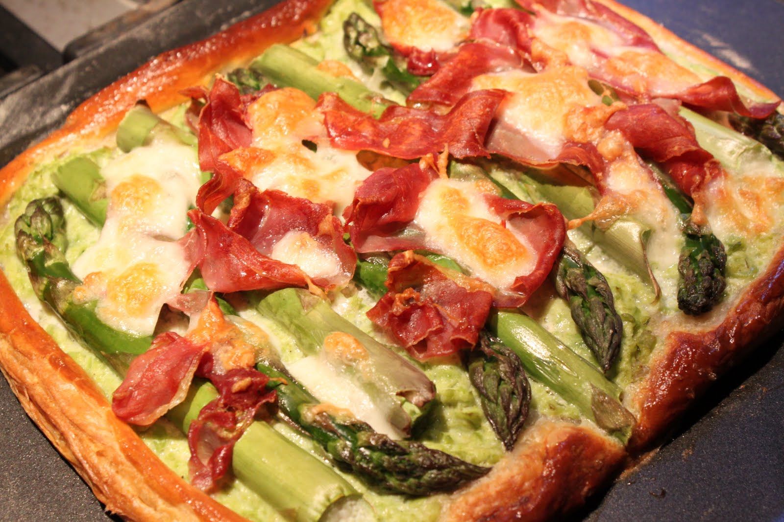Dine at Mine Asparagus, Parma Ham, Pea, Mint and Mozzarella Tart