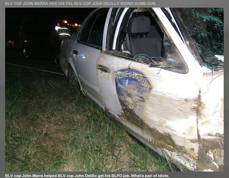Brady Lake Village police chief John Marra totaled this BLV cop car while delivering papers.