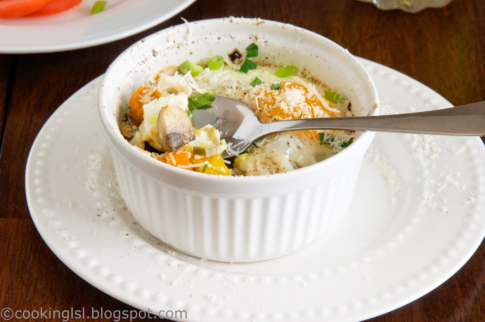 Cooking LSL Baked Eggs In Ramekins With Mushrooms, Peppers And Green