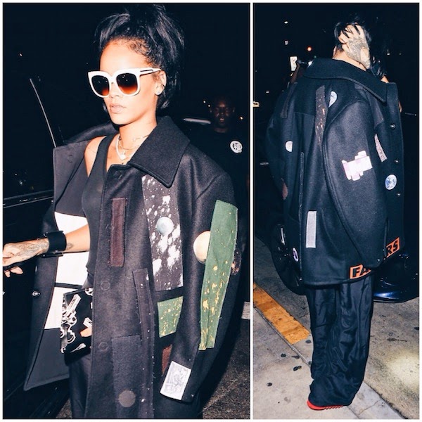 Rihanna wears Raf Simons Sterling Ruby Fall Winter 2014 patchwork FATHERS coat to Giorgio Baldi October 2014