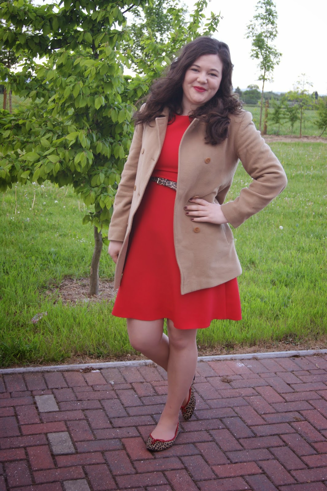 red dress camel coat