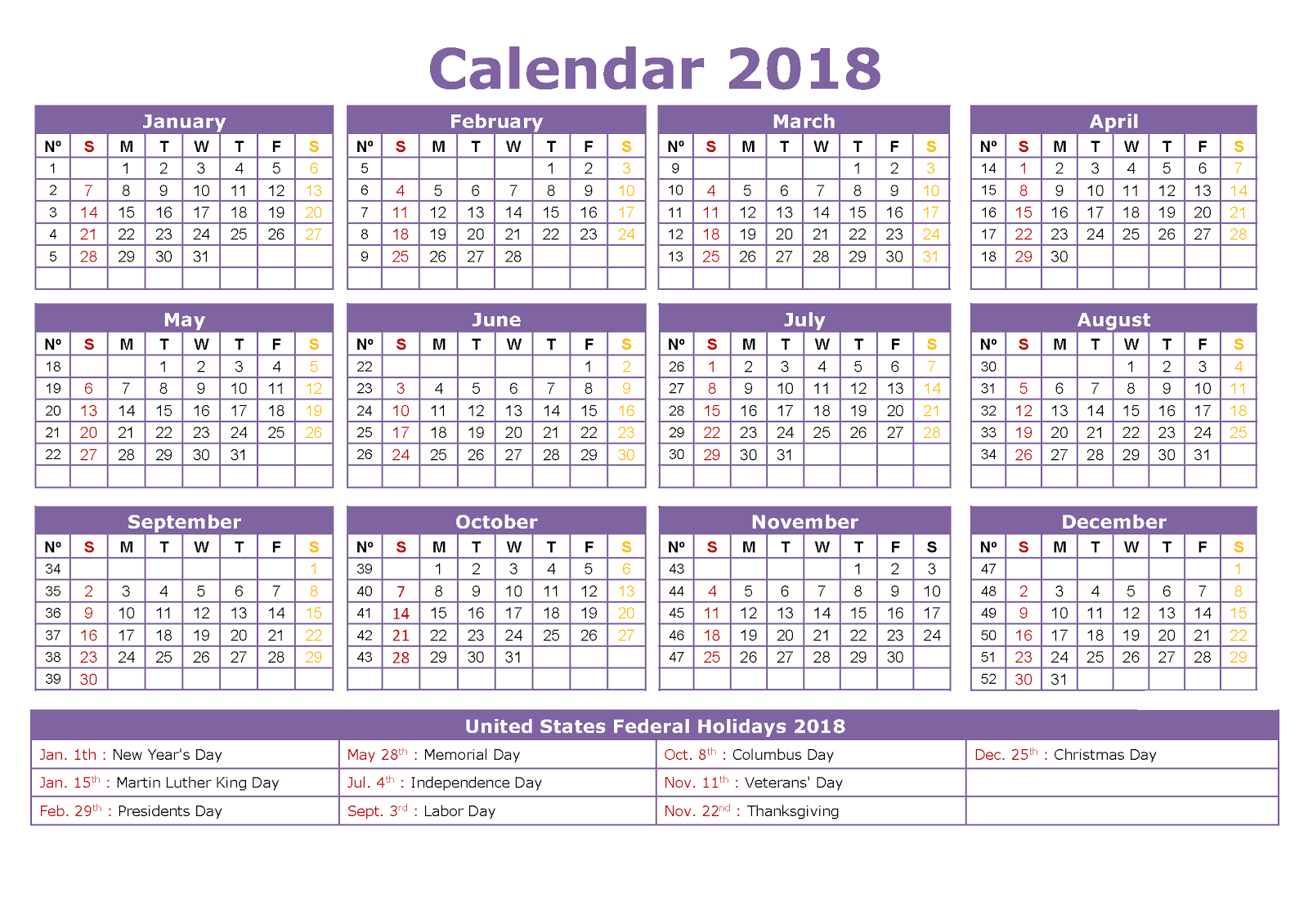 february 2018 calendar us holidays