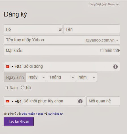 Điền thông tin để đăng ký yahoo mail Điền thông tin để đăng ký yahoo mail