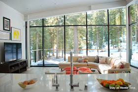 Beautiful modern living room overseen from kitchen